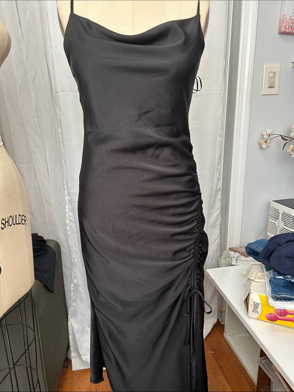 Everlast Black Cowl Neck Maxi Slip Dress with Side Ruched Tie